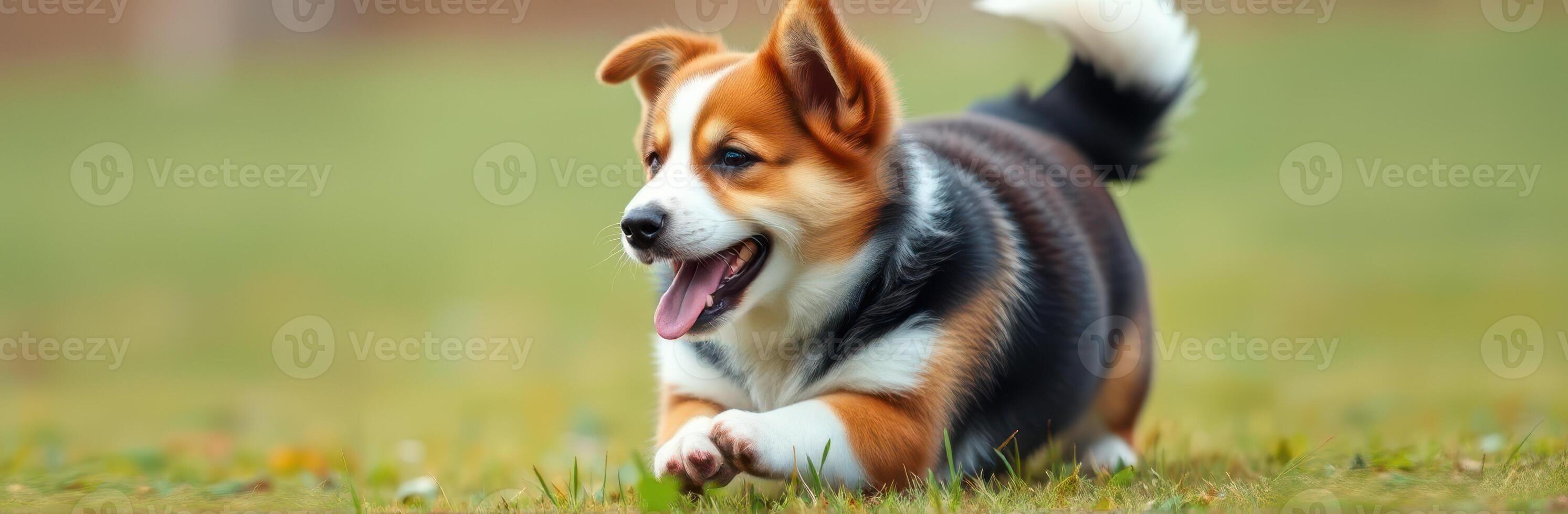 Corgi joyfully running across a grassy field on a sunny day in a playful outdoor setting photo