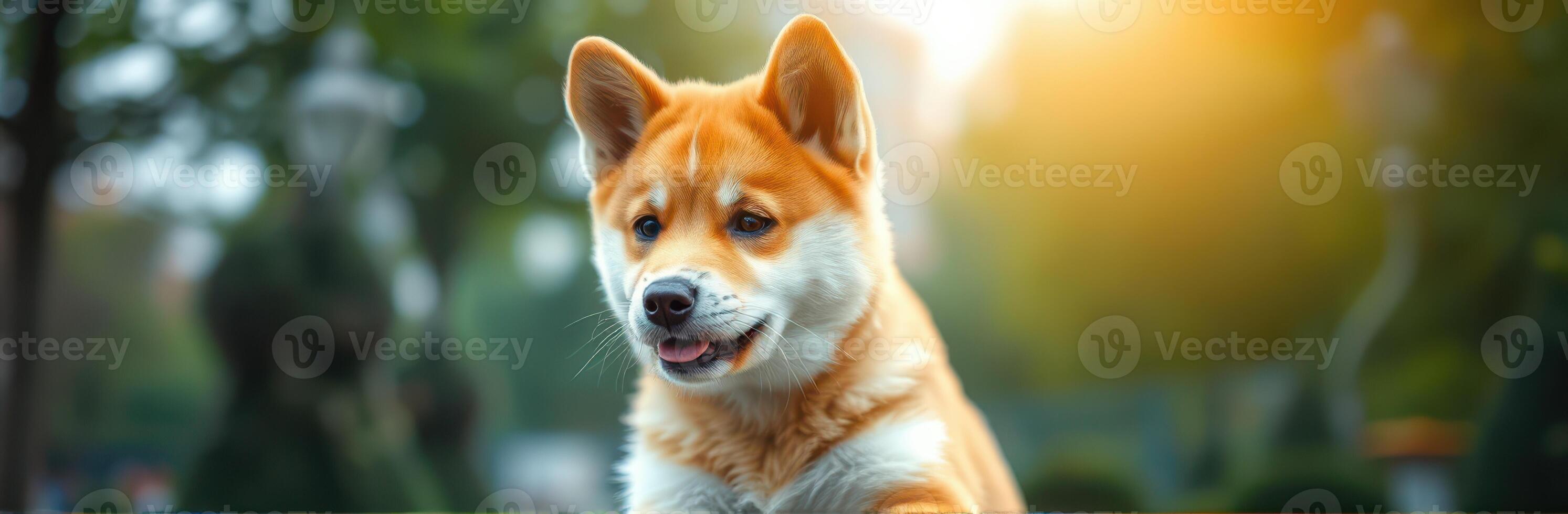 Playful shiba inu enjoys a sunny afternoon in the park surrounded by greenery and trees photo