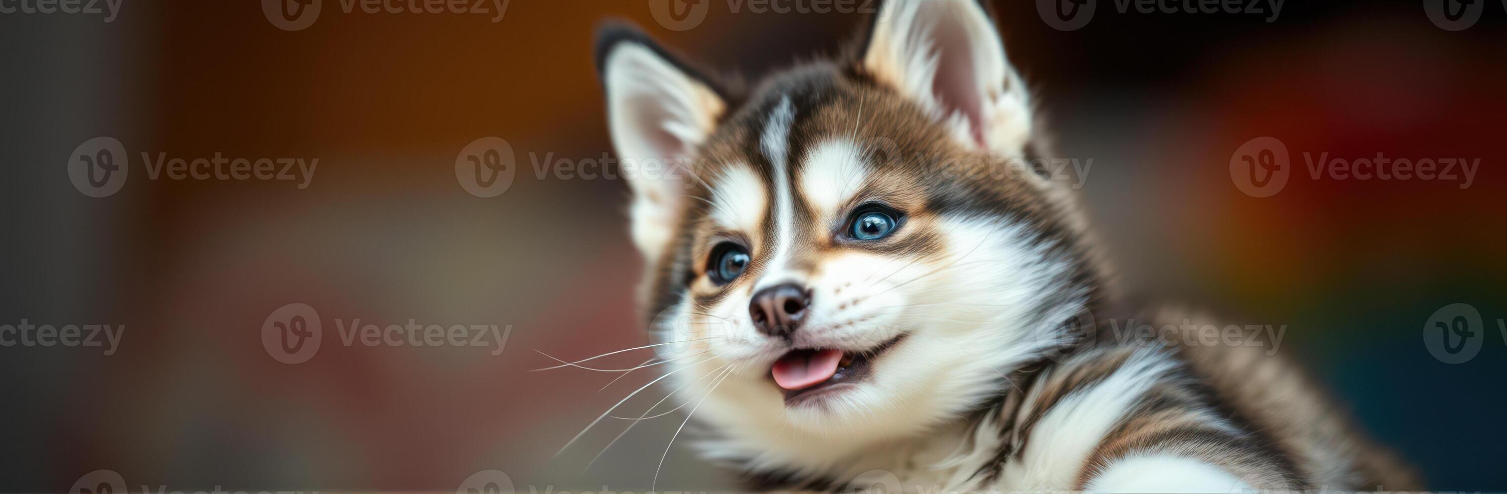 Cute fluffy puppy playing with joyful expression indoors in a cozy setting photo