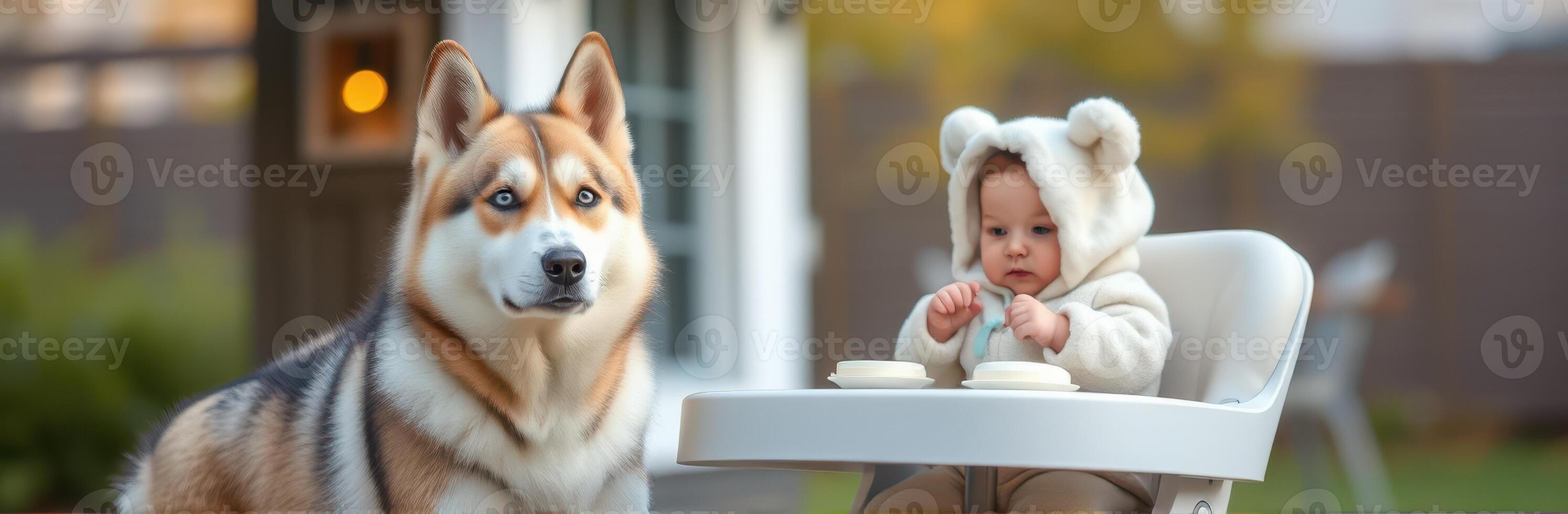 Child seated beside a large dog in a backyard during a sunny afternoon photo