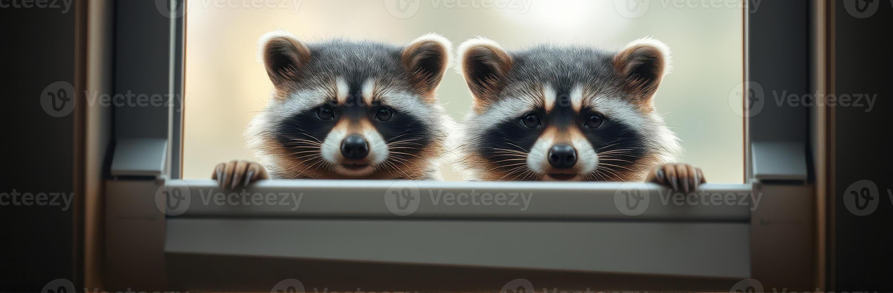 Curious raccoons peek through a window at dusk, highlighting their playful nature and inquisitive behavior photo