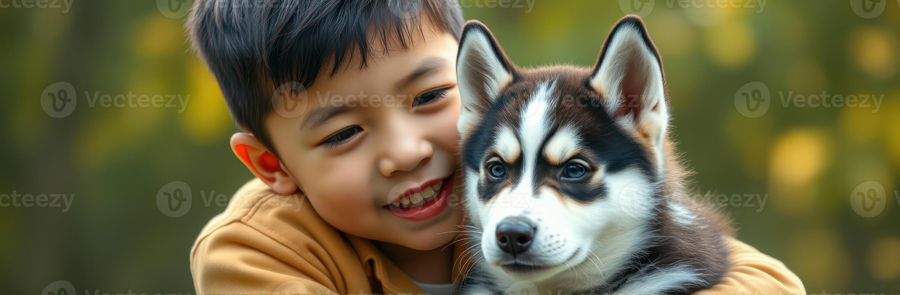 Child enjoys playful moment with a husky puppy in a park during late afternoon photo