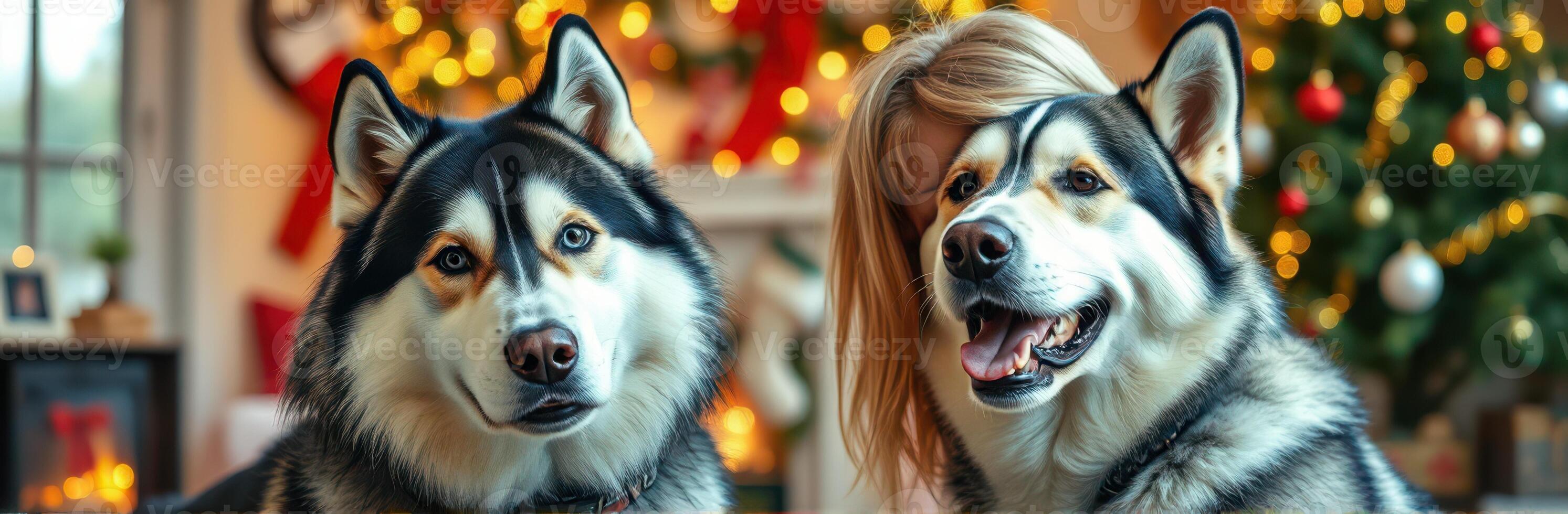 Two happy dogs posing with their owner by a beautifully decorated Christmas tree in a cozy indoor setting photo