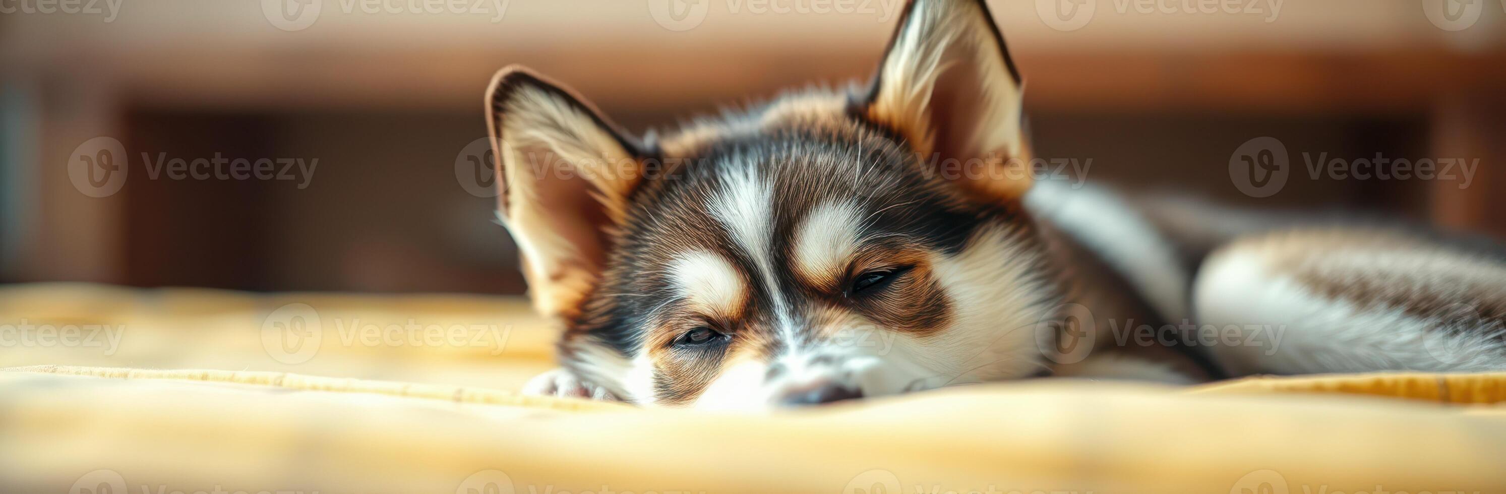 Cute dog resting on a cozy bed during the afternoon light in a warm living room setting photo