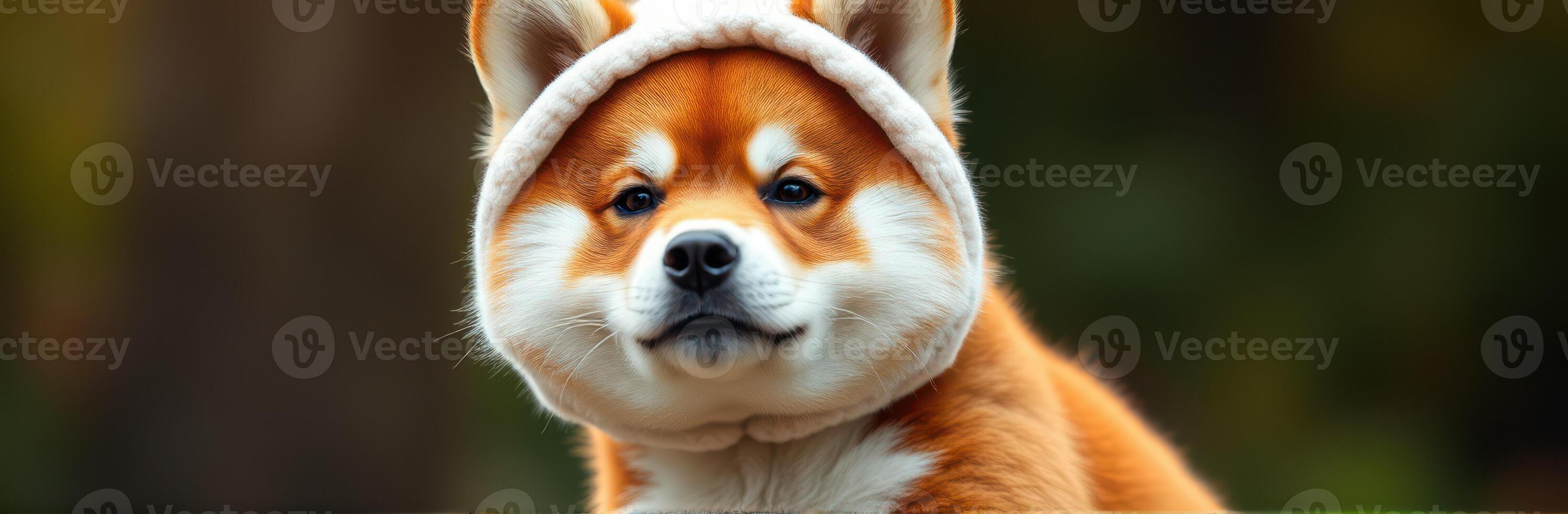 Corgi wearing a cozy hat enjoys a sunny day in the park with a playful expression photo