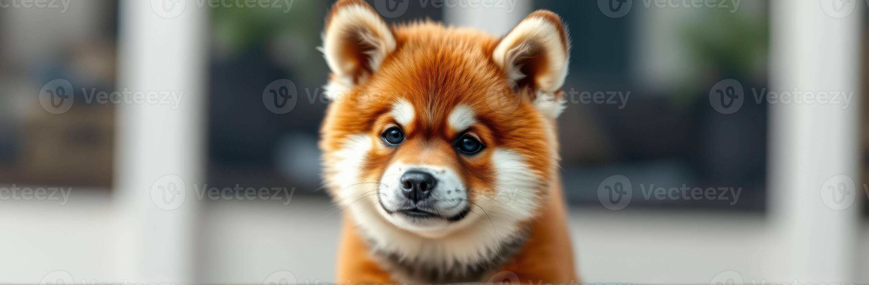 Cute red and white puppy resting indoors with a playful expression and bright eyes photo
