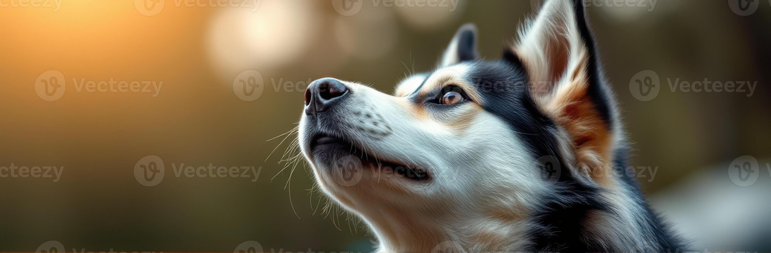 Dog gazing at the sunset in a serene outdoor setting with soft lighting in the background photo