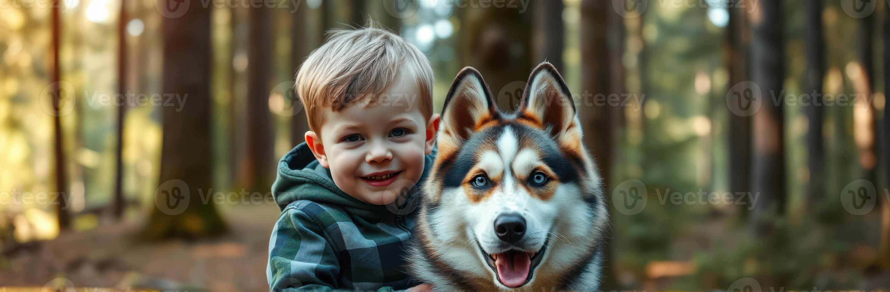 Child smiles while hugging a husky dog in a serene forest setting on a sunny day photo