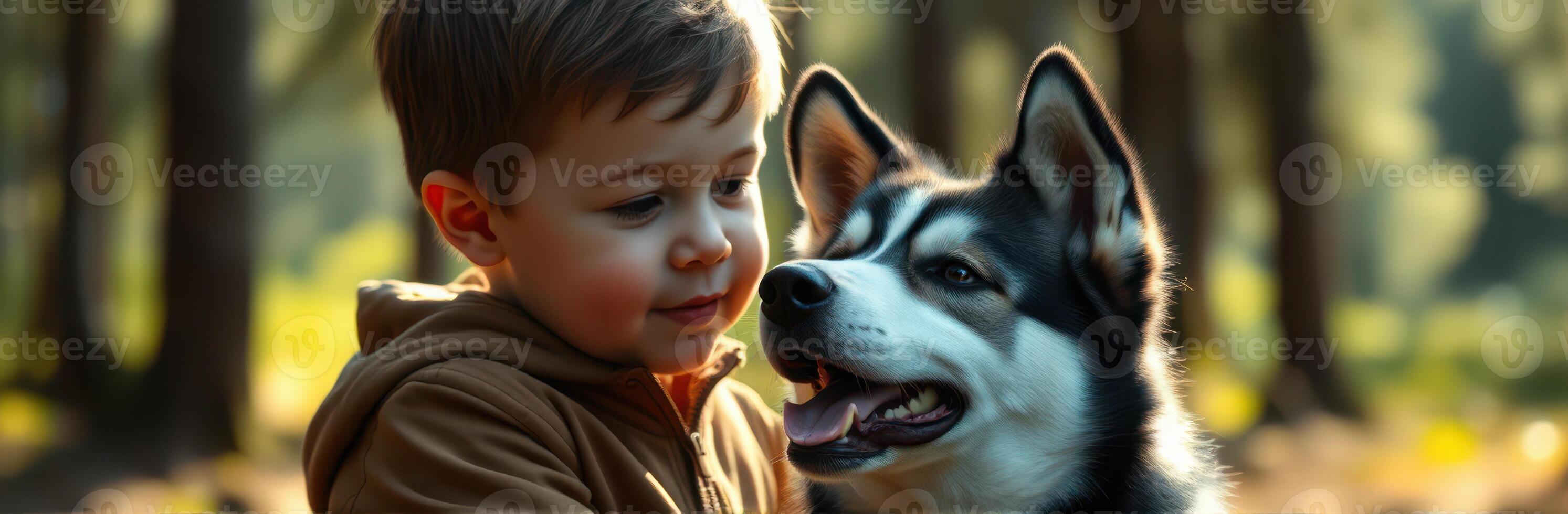 Young child interacts with playful husky in a forest during golden hour, creating a heartwarming bond photo
