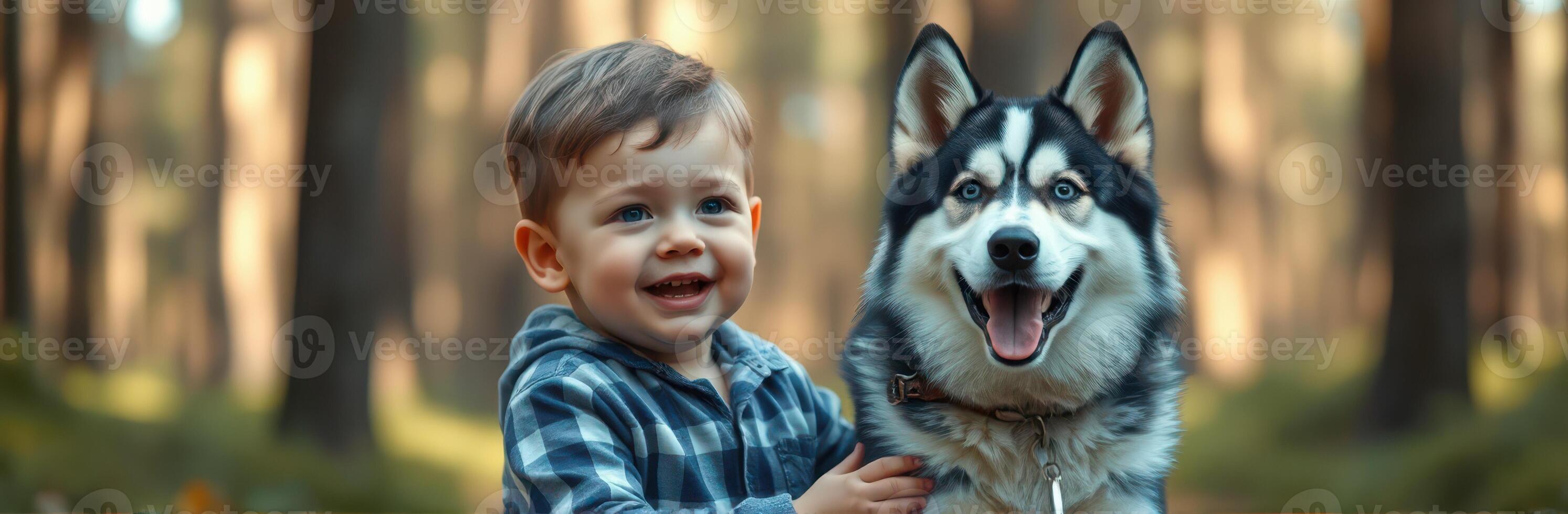 Smiling toddler enjoys the company of a friendly husky in a serene forest setting photo