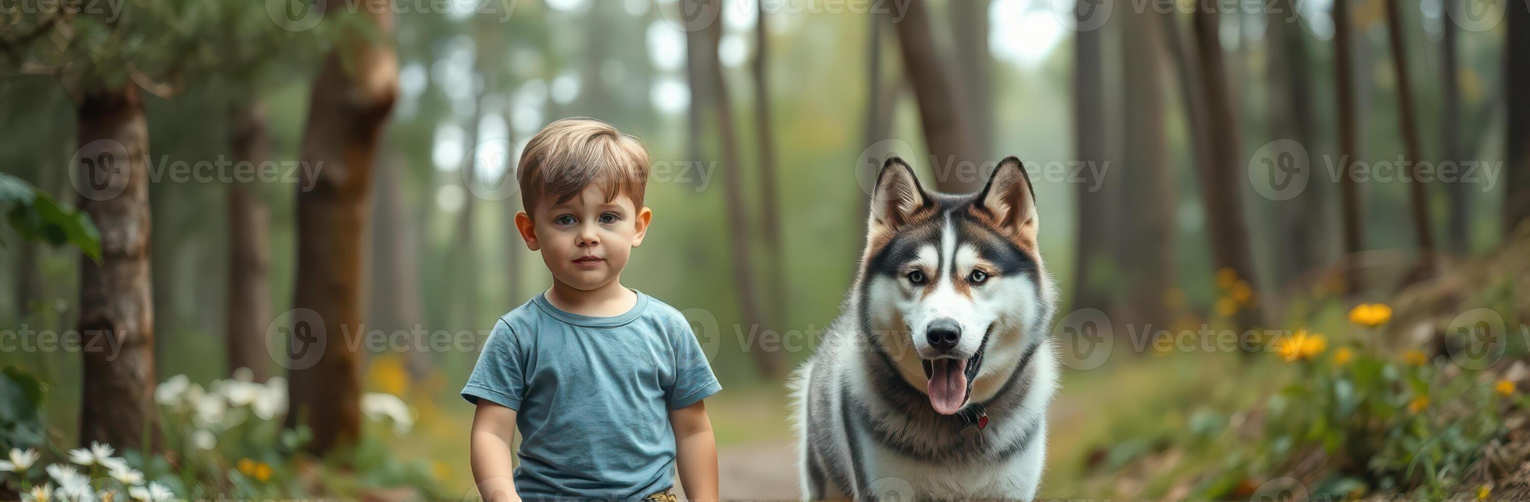 Child and Siberian Husky enjoying a peaceful moment in a serene forest setting during early morning hours photo