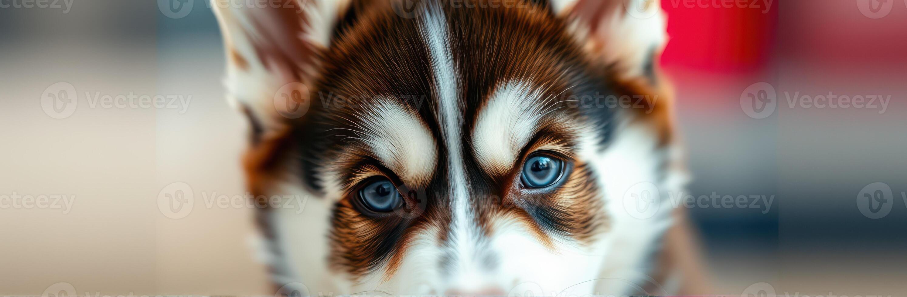 Brown and white husky puppy with striking blue eyes gazes curiously at the viewer indoors in a cozy setting photo