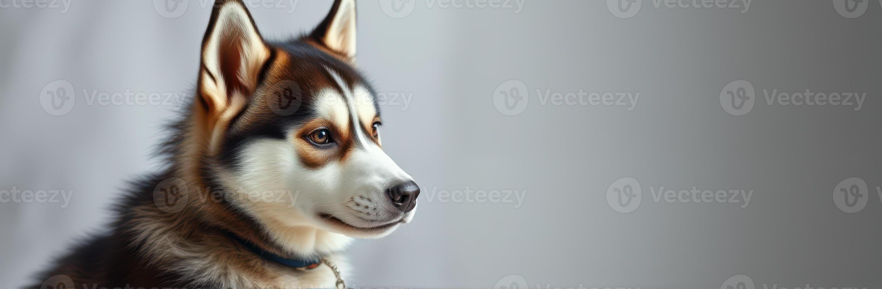 Siberian husky poses in a studio setting highlighting its striking features and expressive gaze photo