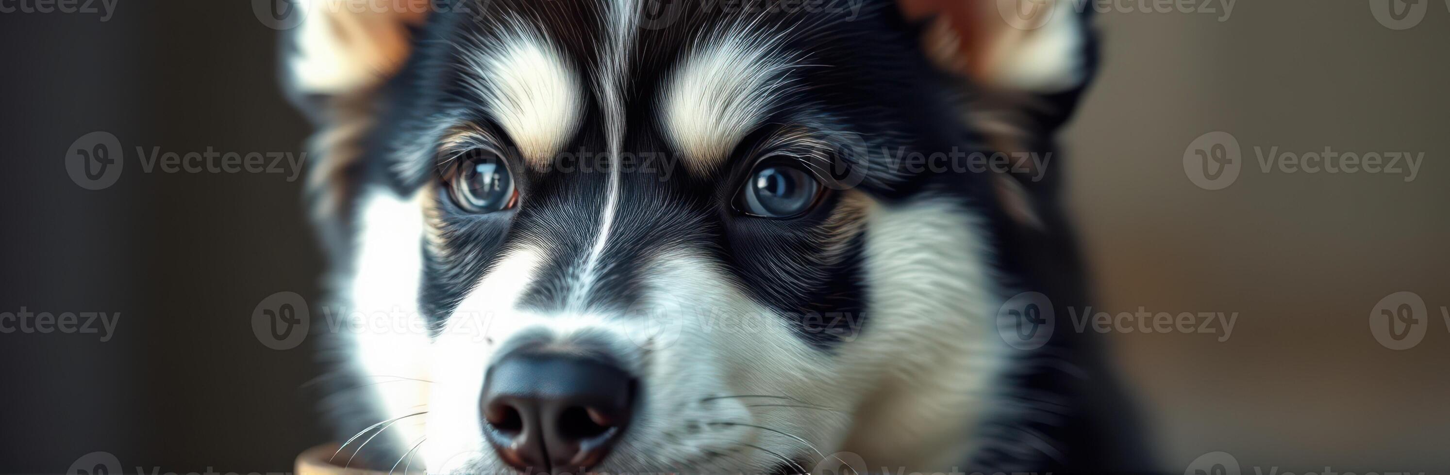 Husky puppy gazes curiously while sitting on a soft surface indoors during the afternoon photo