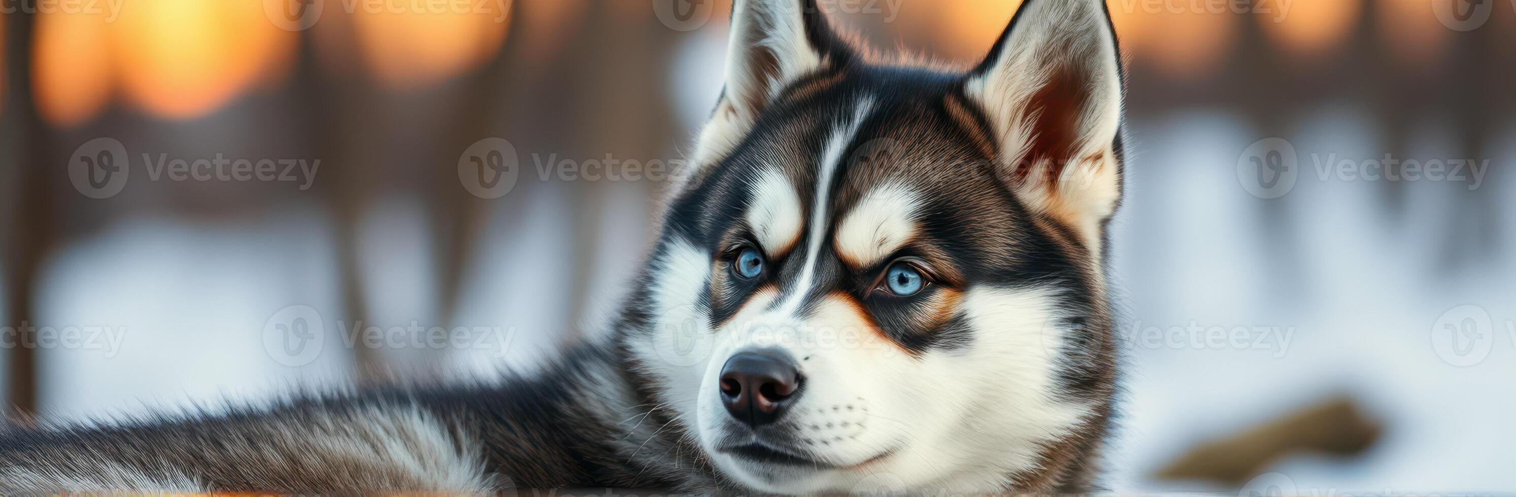 Siberian husky with striking blue eyes relaxing in a snowy forest during sunset photo