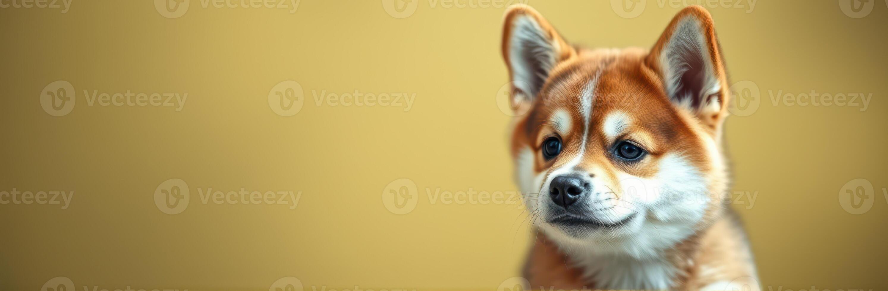 Corgi puppy explores a soft backdrop while showcasing playful curiosity and innocence photo