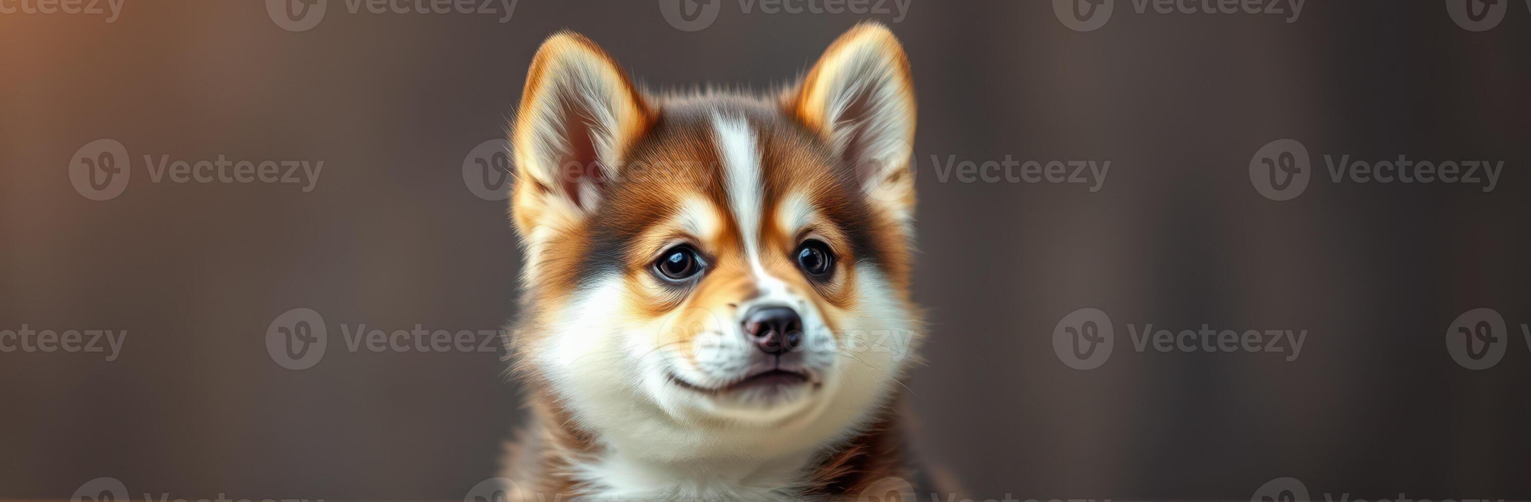 Cute brown and white puppy posing calmly in soft light against a blurred background photo