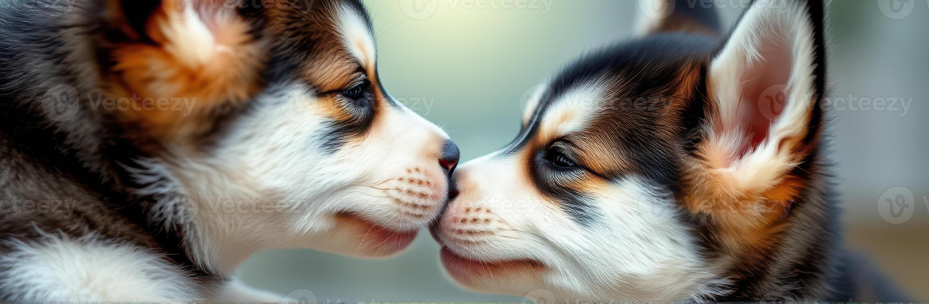 Two adorable corgi puppies playfully nuzzle each other in a cozy indoor setting during daylight hours photo