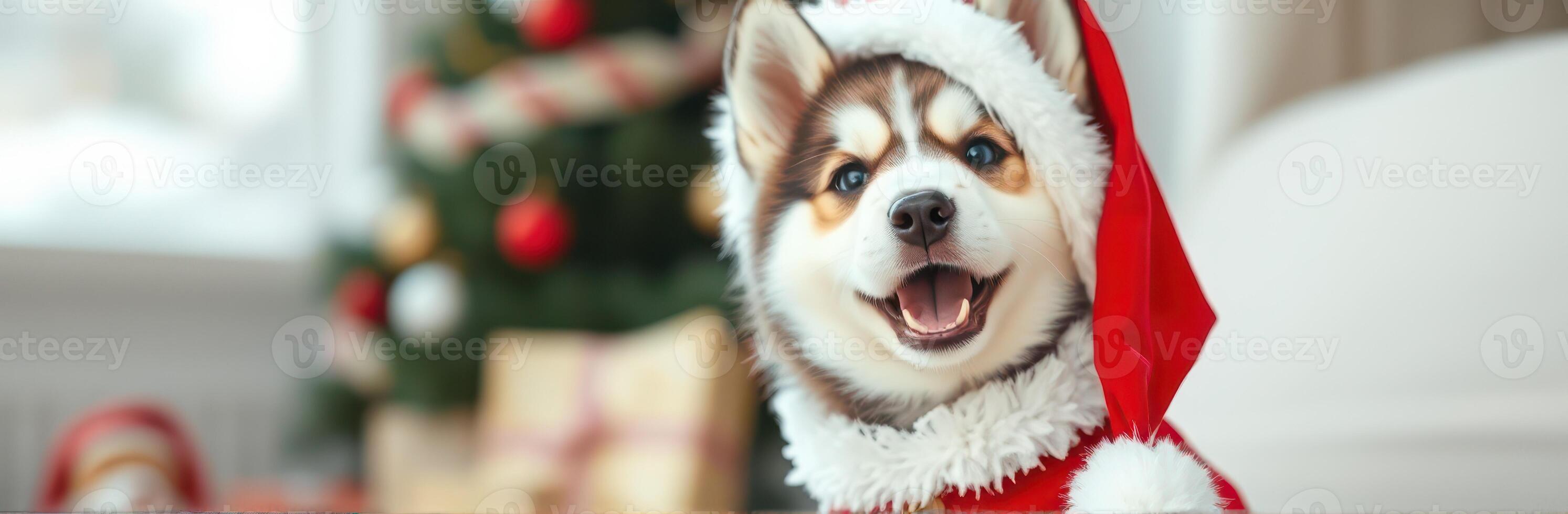 Happy dog in a festive outfit celebrating Christmas with a cheerful expression by a decorated tree photo