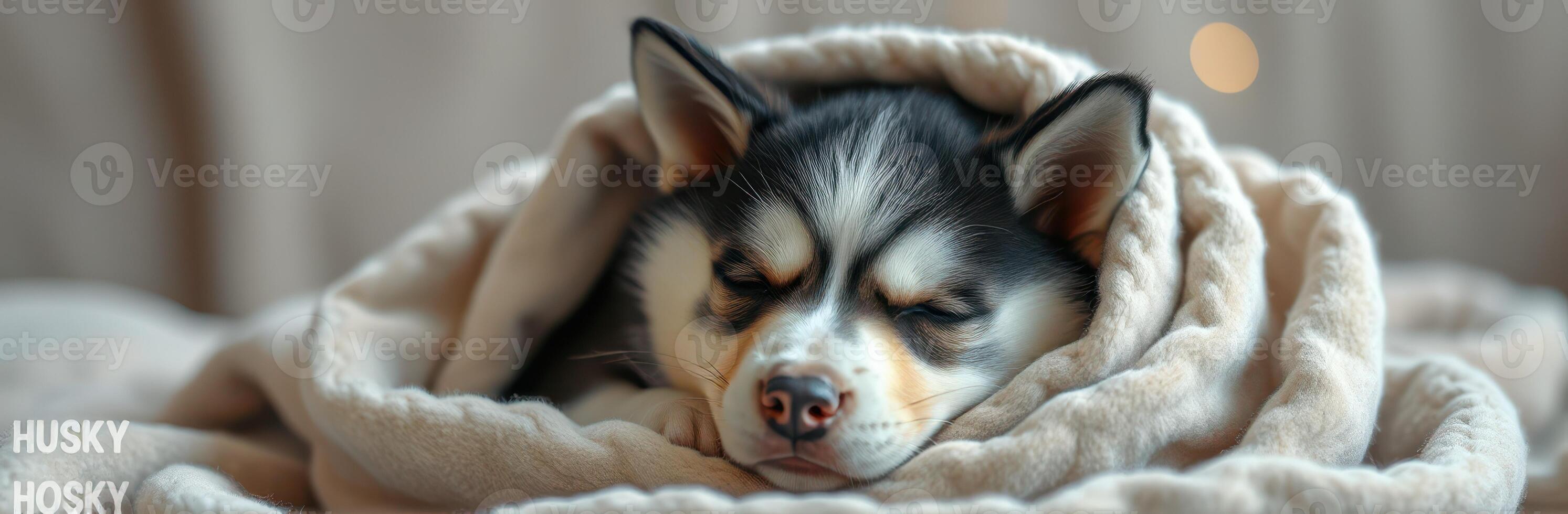 Cozy husky puppy wrapped in a soft blanket resting on a serene afternoon indoors photo