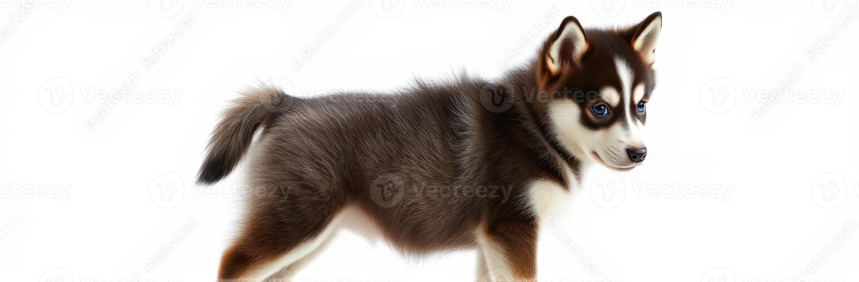 Cute husky puppy standing on a light background while looking playfully over its shoulder photo