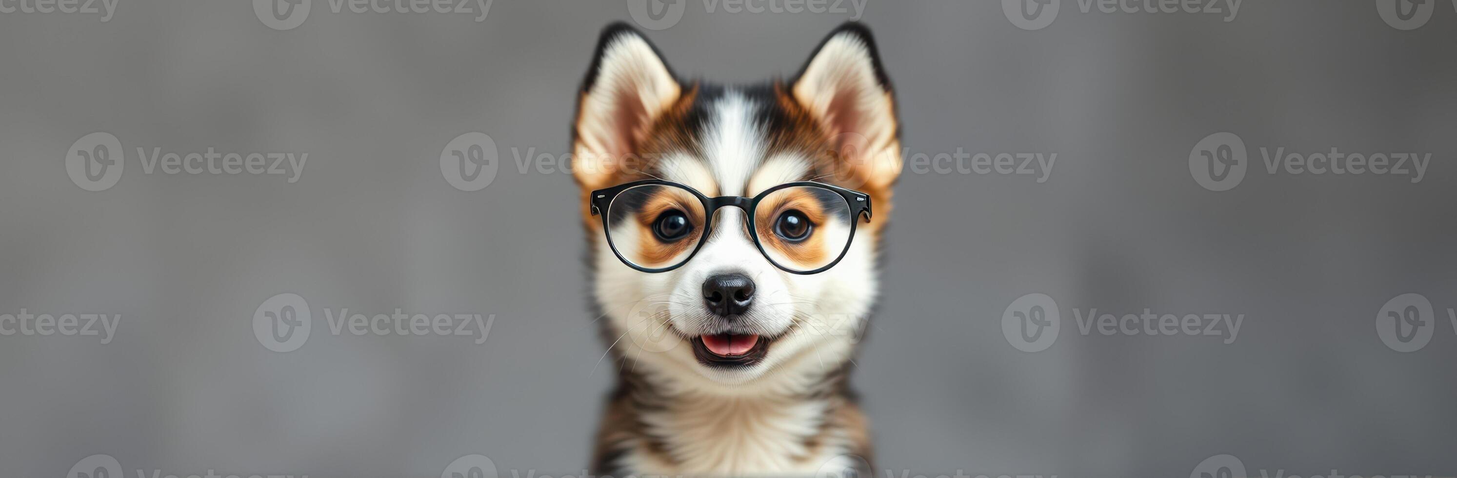 Playful dog wearing glasses poses with a joyful expression in a friendly indoor setting photo