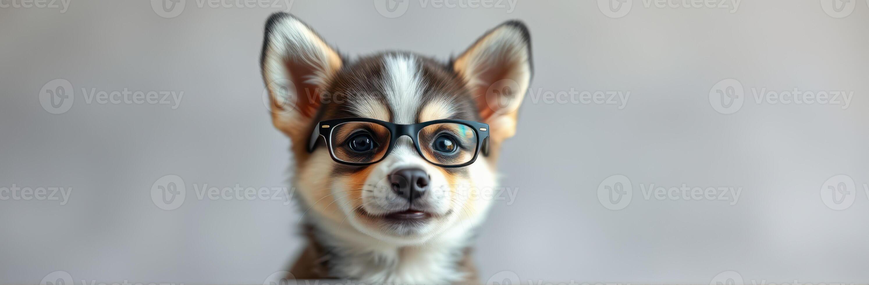 Cute dog wearing glasses poses for a close-up in a soft background, showcasing its playful expression photo