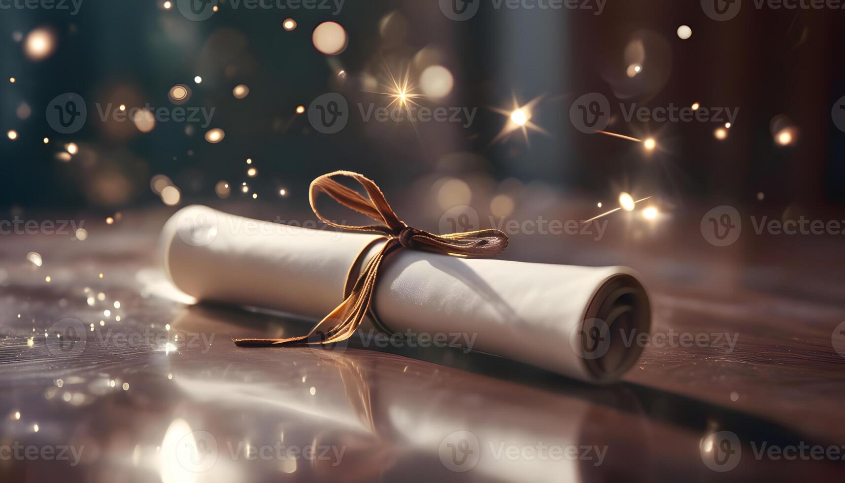 A diploma is wrapped around a table with sparkling lights photo