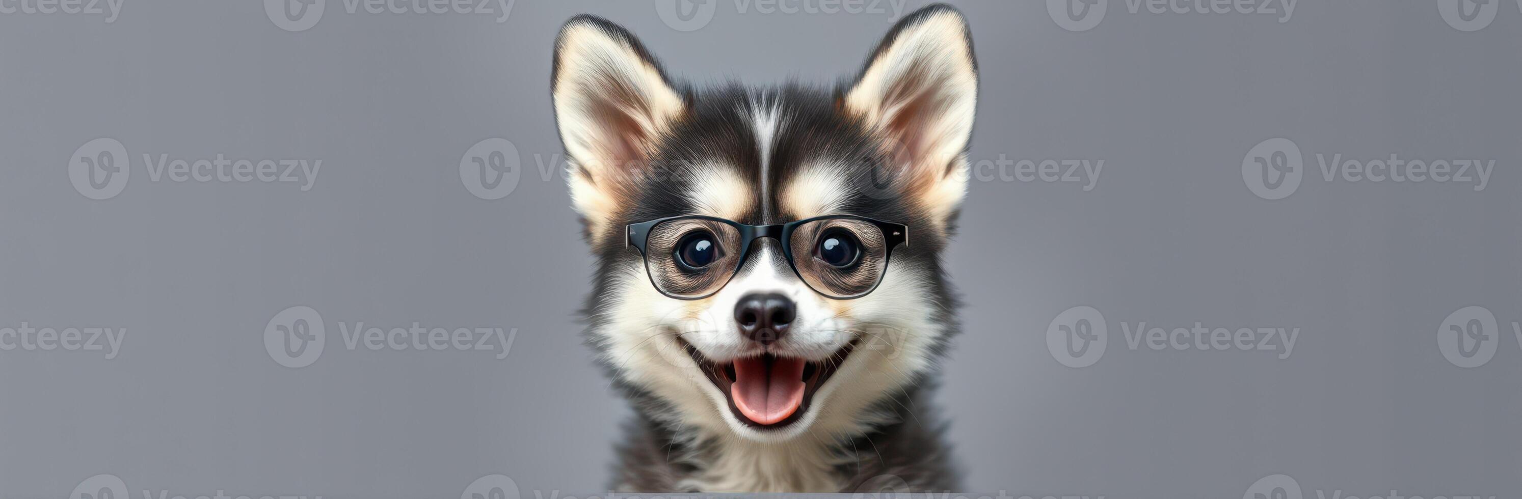 Happy dog with glasses smiles at the camera showcasing a playful personality indoors photo