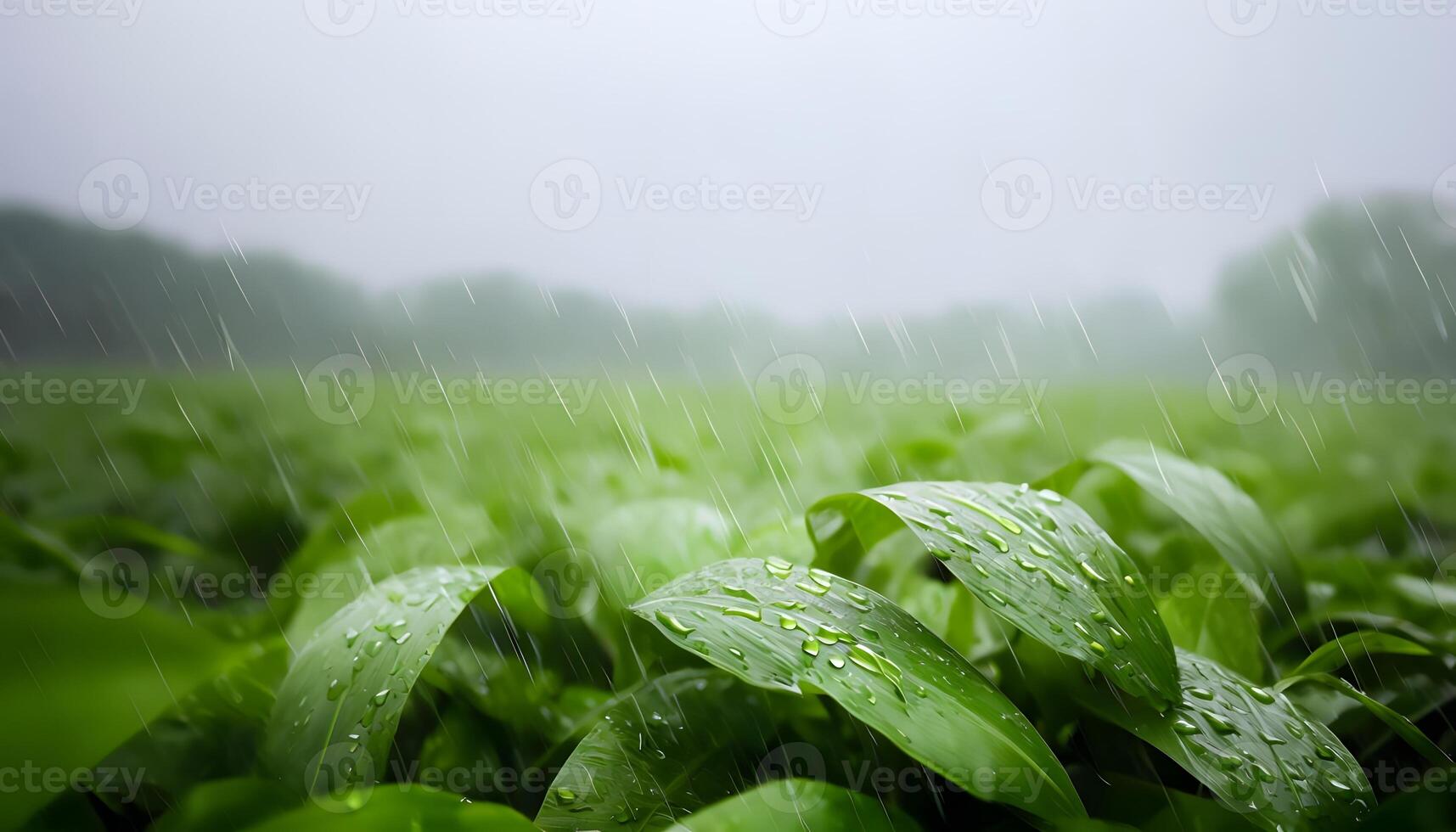 Rainy day in the field with green leaves photo