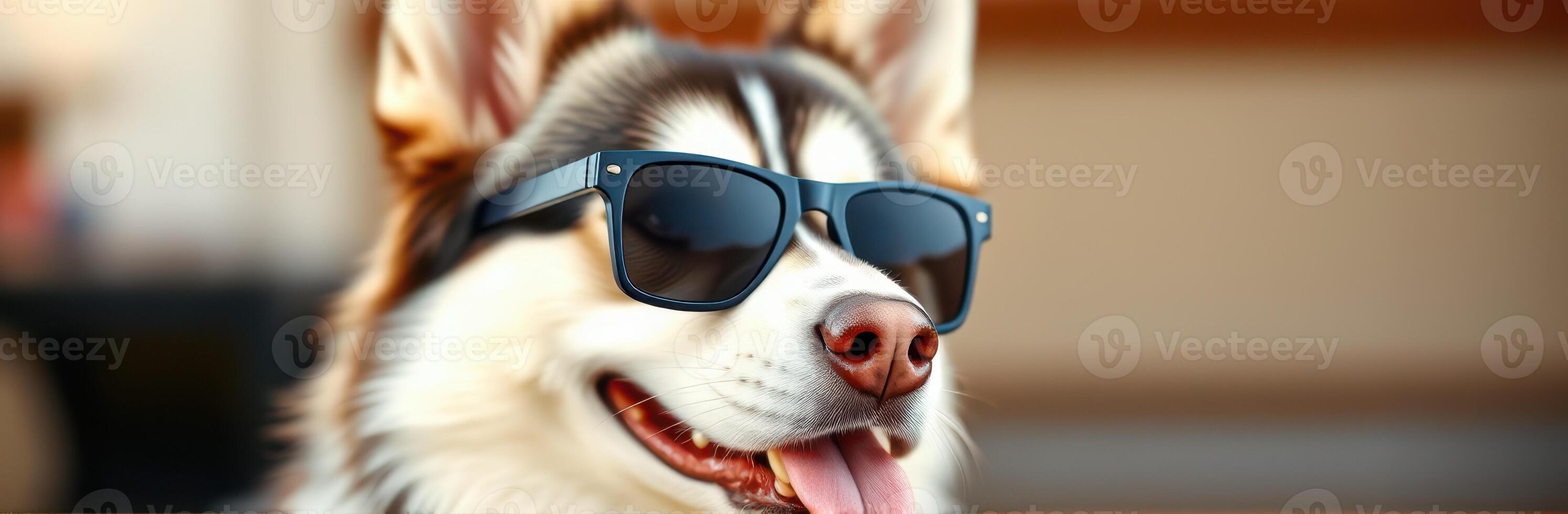 Playful dog wearing sunglasses enjoys a sunny day outdoors at a lively park with people around photo