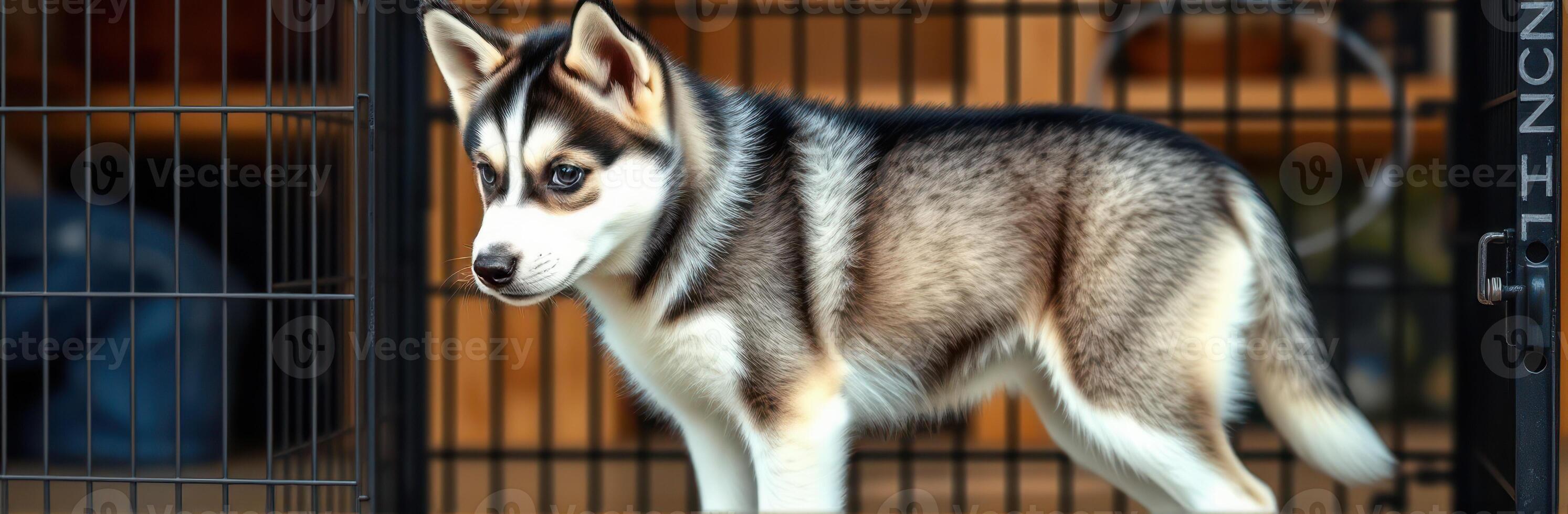 Cute husky puppy exploring its enclosure in a cozy indoor setting photo