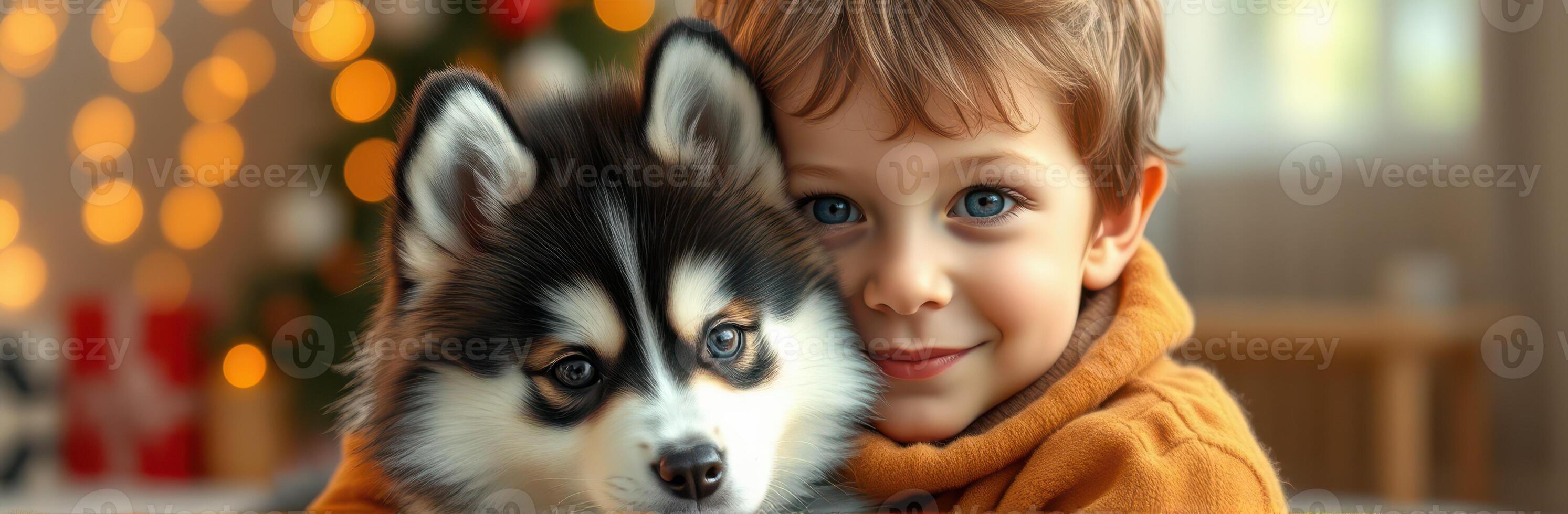 Boy in orange hoodie hugs his fluffy puppy with a joyful smile in a cozy, festive living room photo