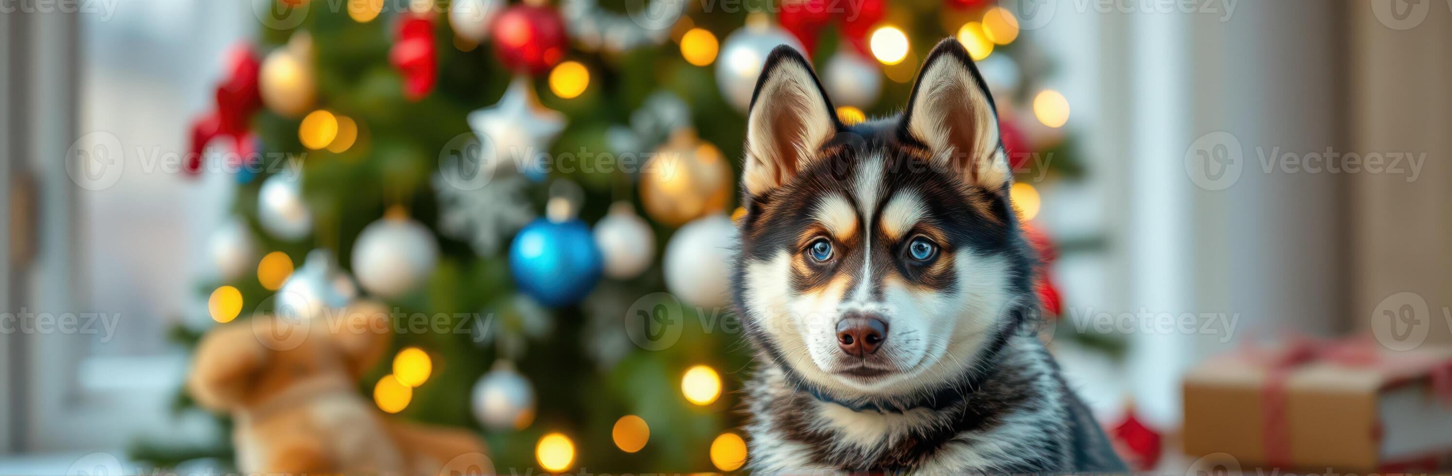 Cute husky puppy sitting in front of a beautifully decorated Christmas tree with colorful ornaments and soft lighting photo