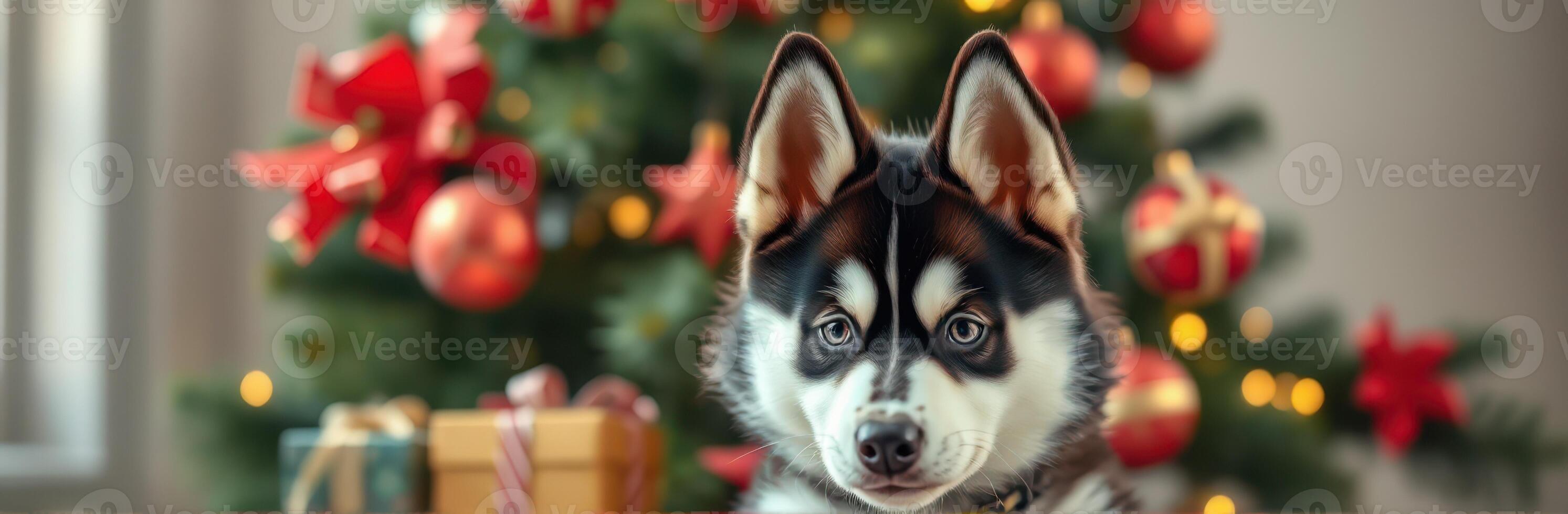 Husky puppy sitting in front of a decorated Christmas tree with gifts underneath during the holiday season photo