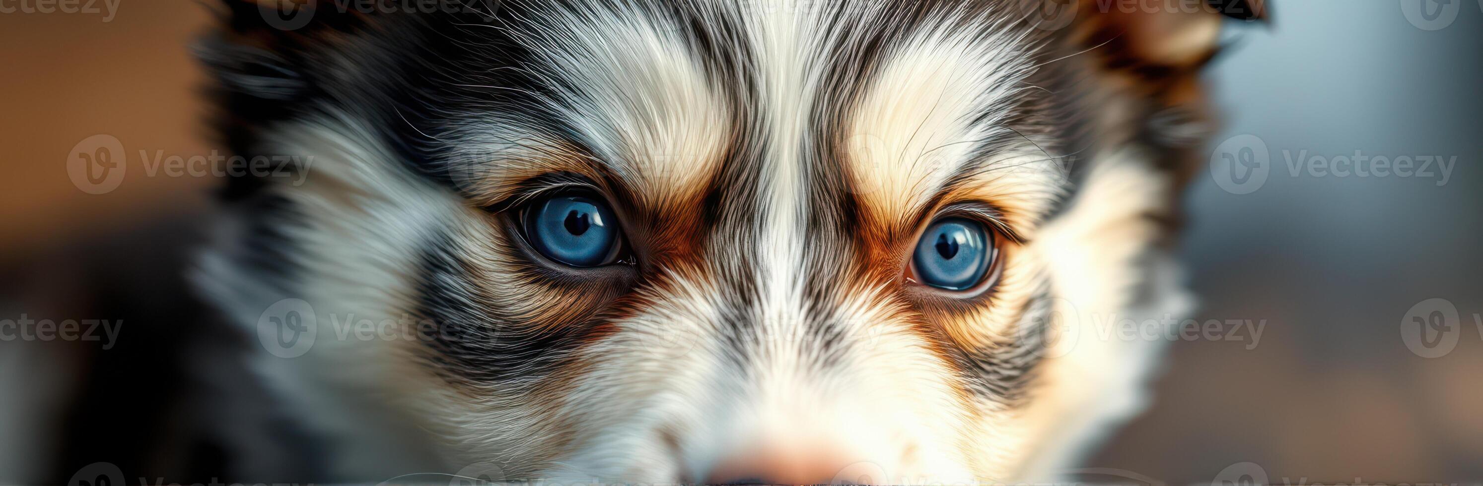 Captivating close-up of a curious puppy with striking blue eyes indoors in soft natural light photo