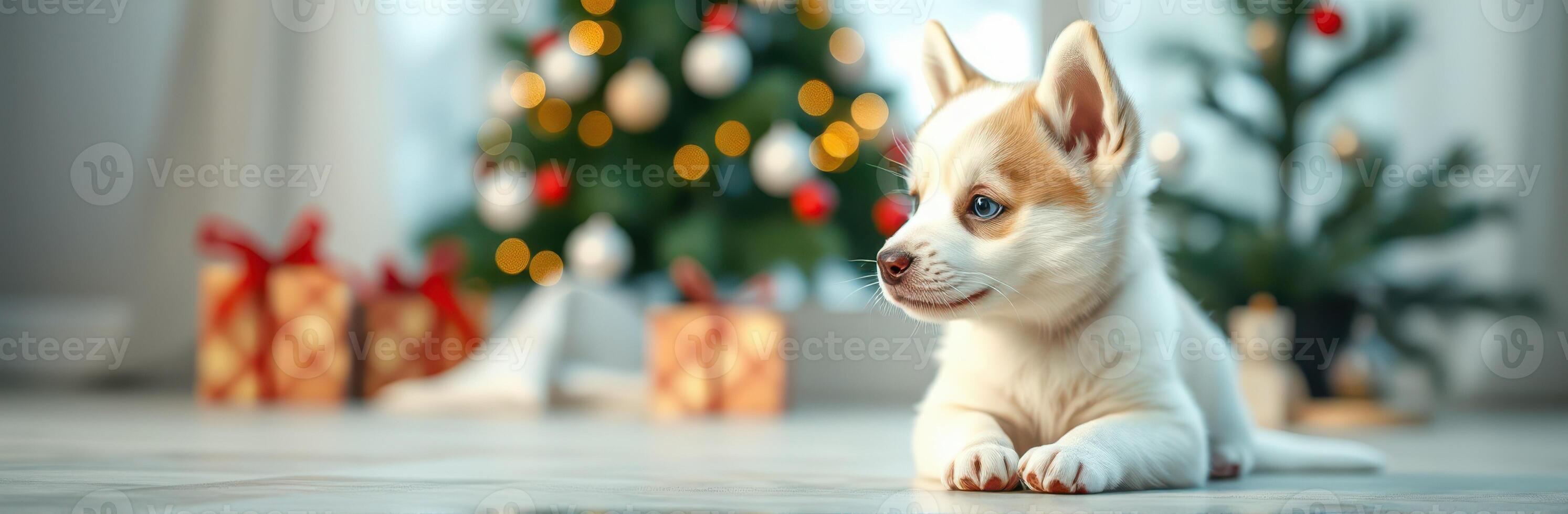 Cute puppy lying on the floor near the decorated Christmas tree with colorful lights and gifts around photo