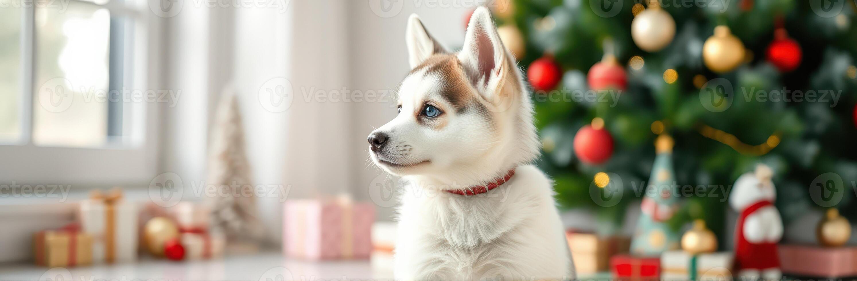 Cute puppy sitting near a decorated Christmas tree with colorful ornaments and gifts in a cozy home setting photo