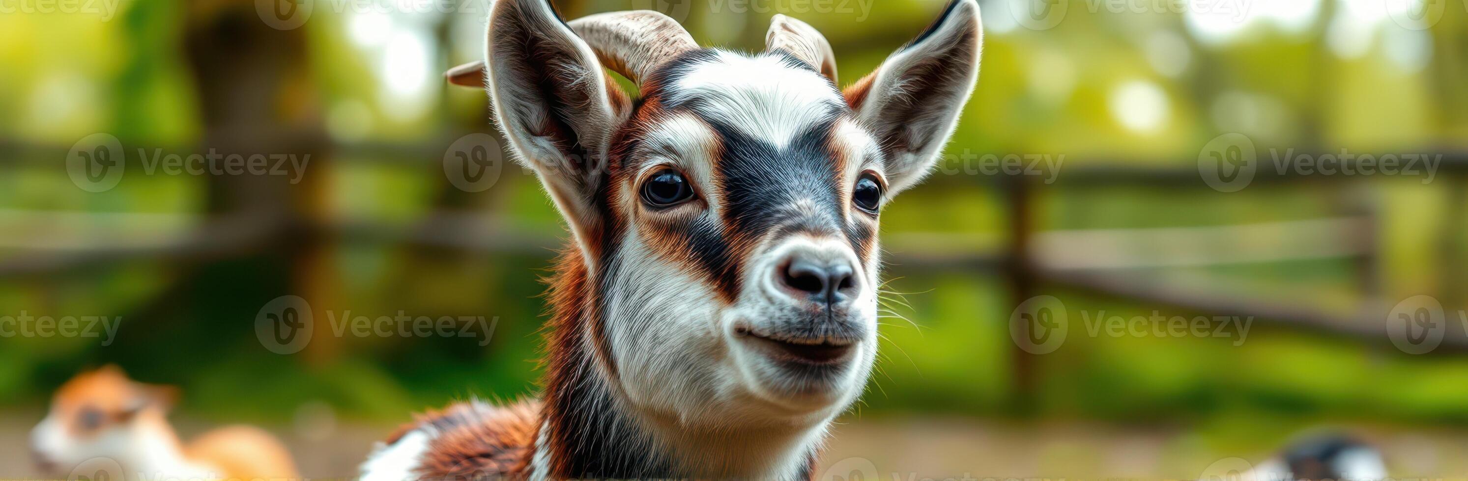 Goat standing in a lush green field during a sunny day with blurred animals in the background photo