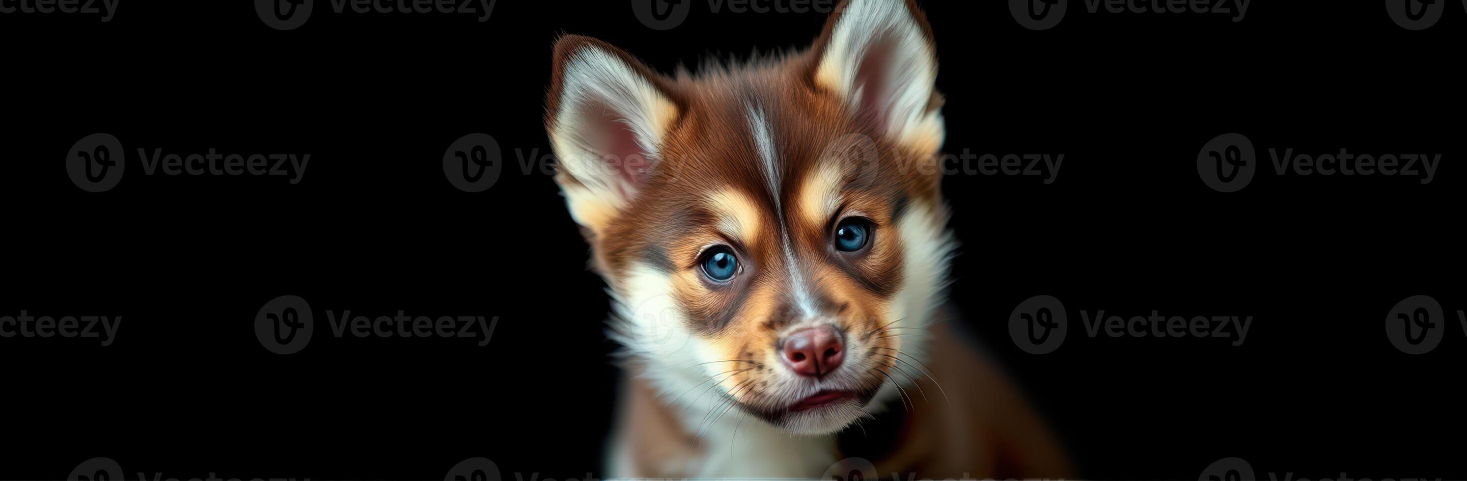 Cute puppy with striking blue eyes and unique markings looking curiously at the viewer against a dark background photo