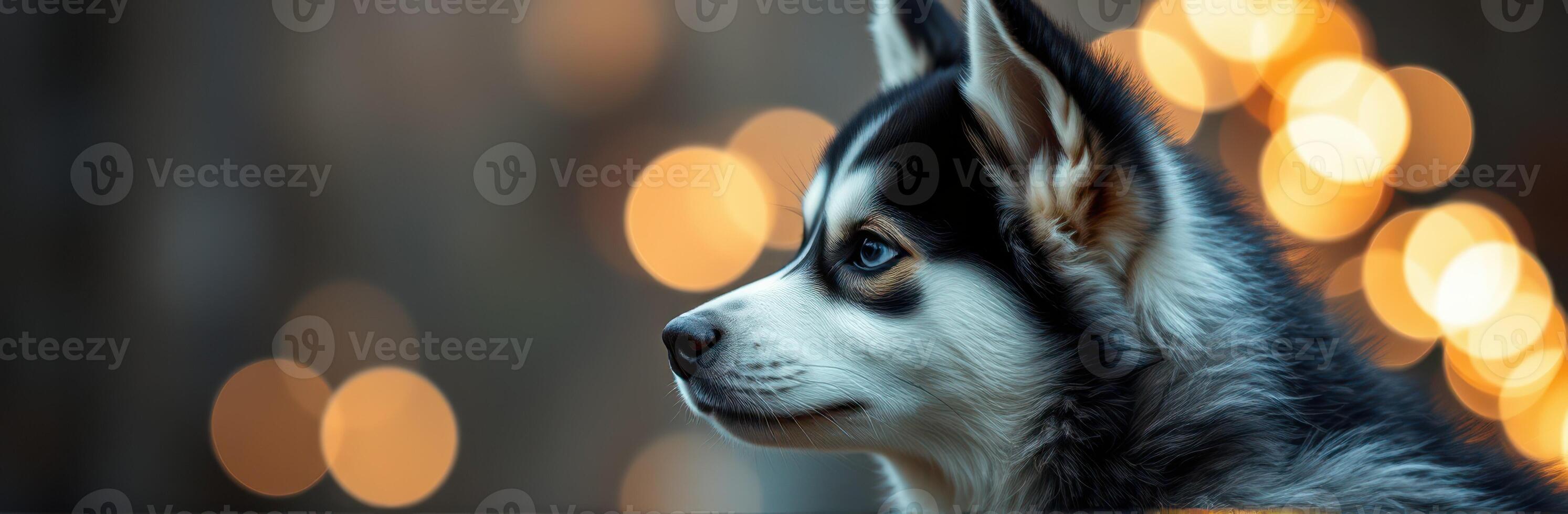 Portrait of a husky dog with captivating blue eyes against a blurred background of warm lights during twilight photo