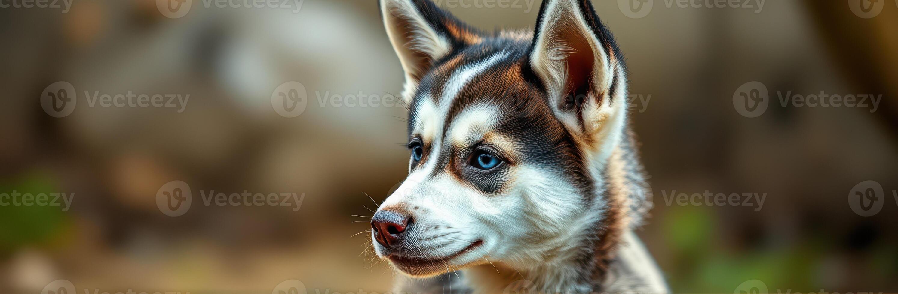 Siberian husky puppy playing in a lush garden during a sunny afternoon in springtime photo