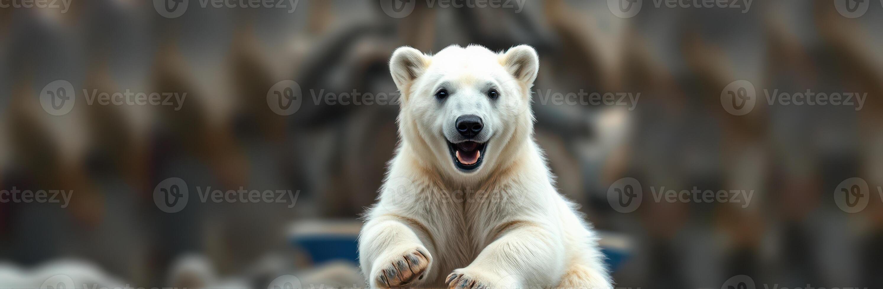 Cute polar bear joyfully jumping and playing in a snowy environment during the day photo