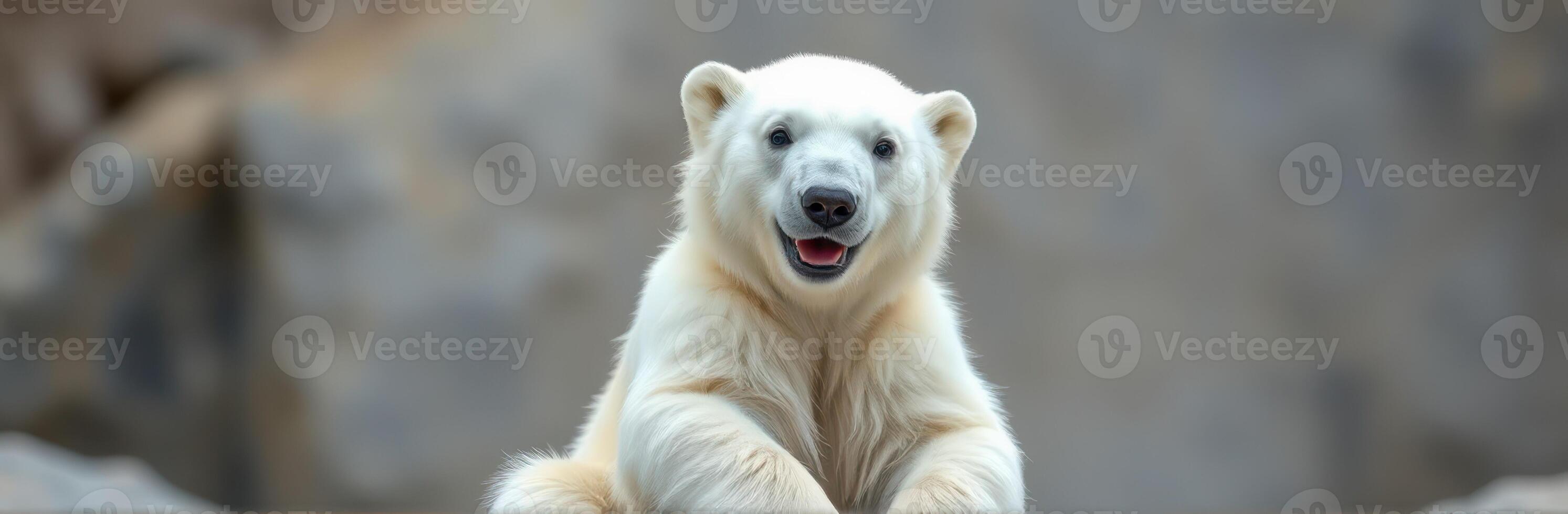 Playful polar bear resting on a rocky surface in its natural habitat during daylight hours photo