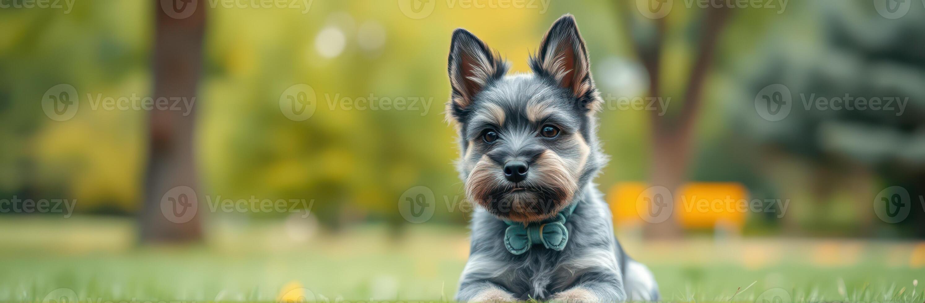 Cute small dog resting in a sunny park with green trees and a vibrant atmosphere photo