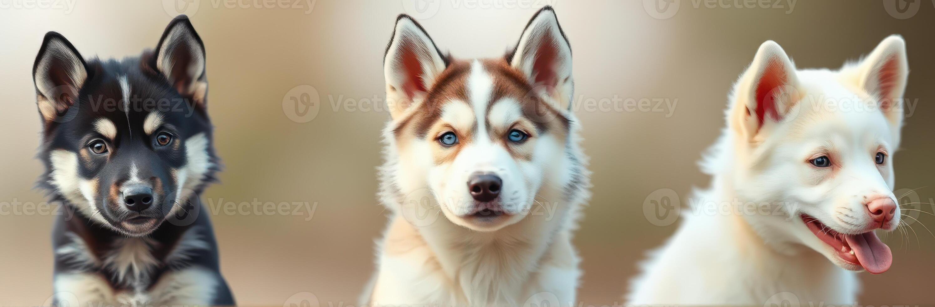 Three adorable husky puppies playfully posing together outdoors in soft natural light photo