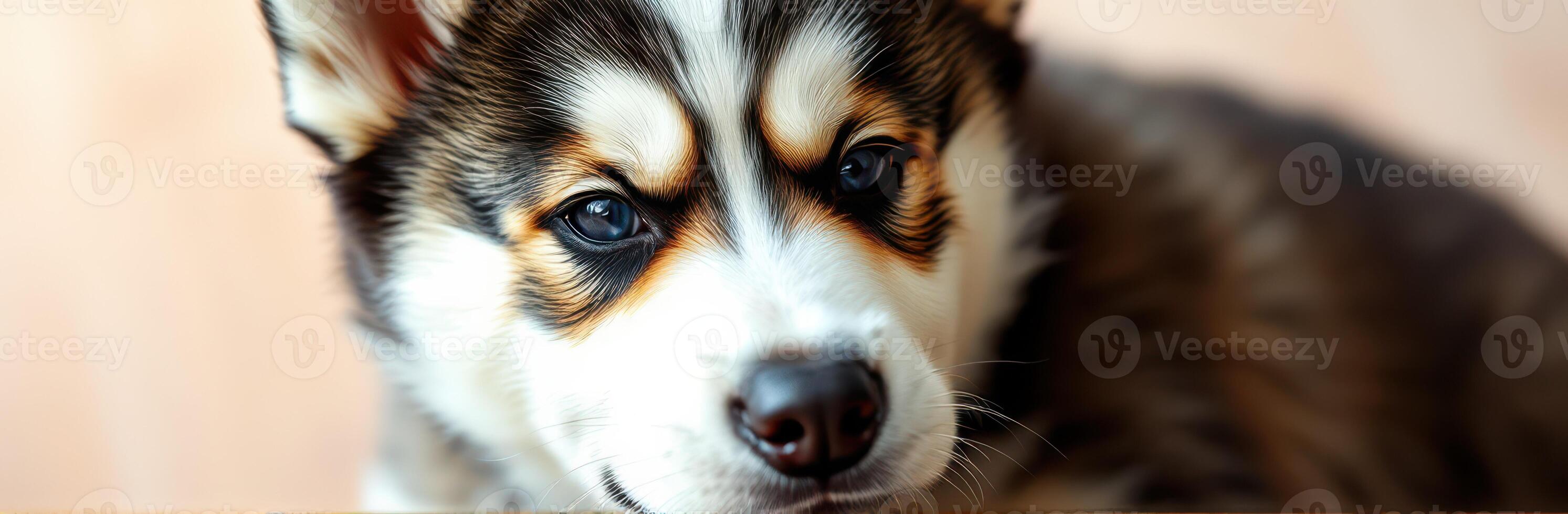 Cute puppy relaxing on a wooden surface in a cozy indoor environment during daylight photo