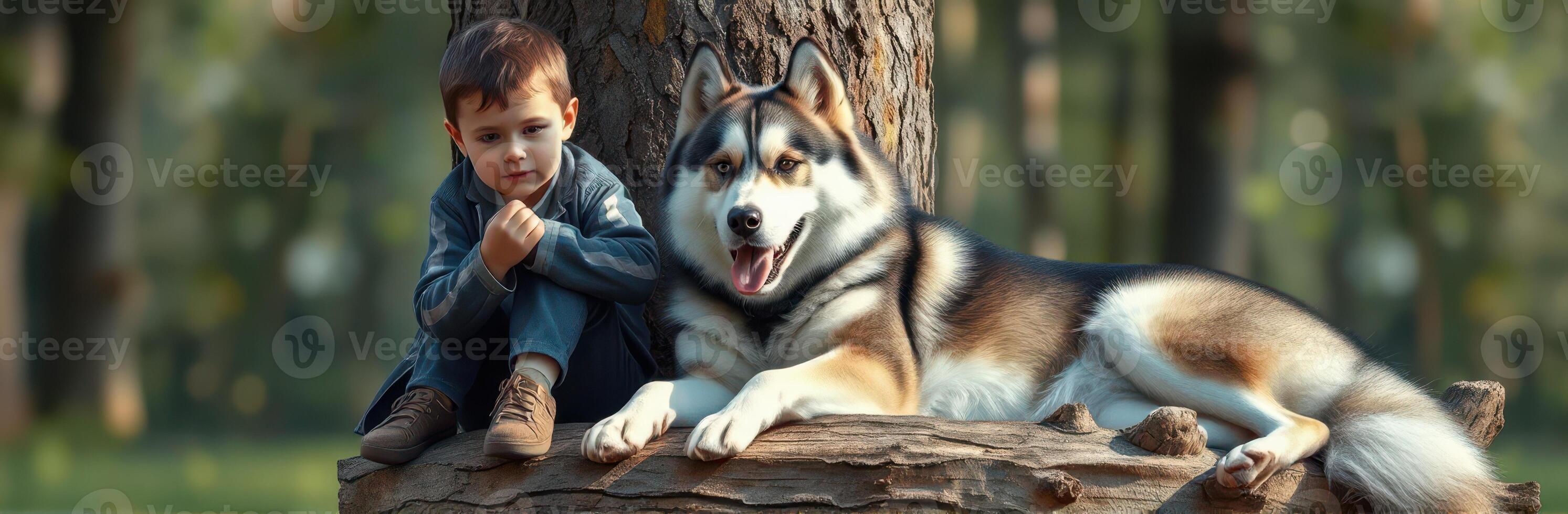 Young boy sits beside a husky dog while reflecting in a peaceful park setting during daylight hours photo