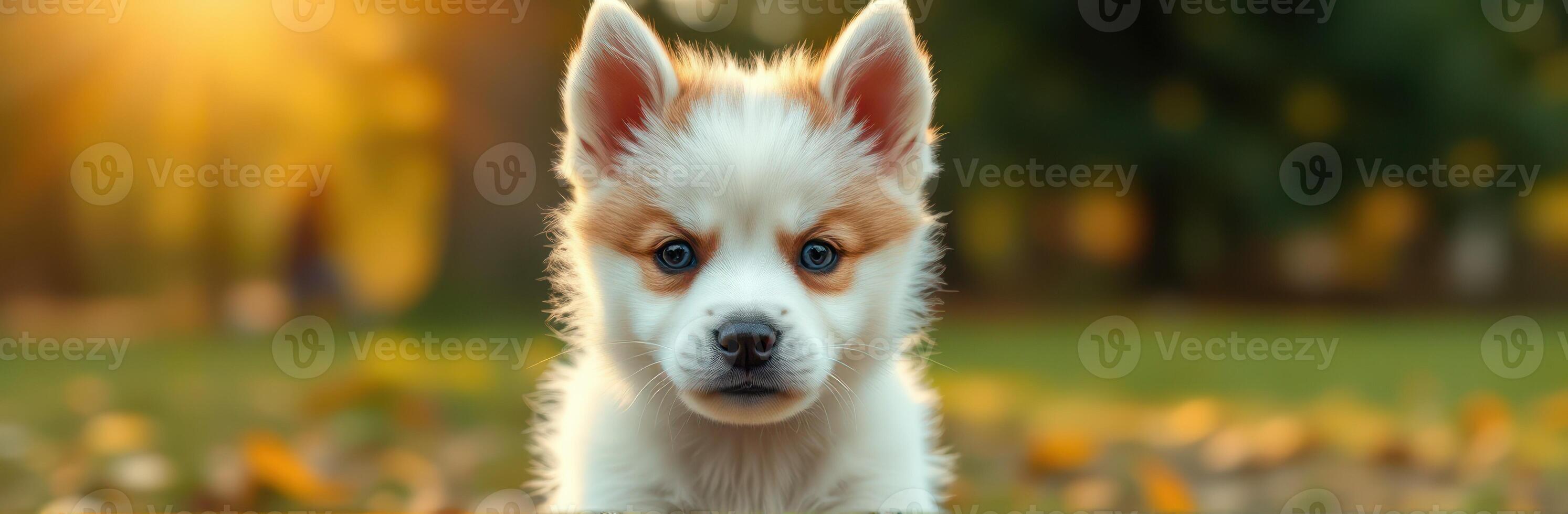 Happy puppy playing in a park during golden hour under warm sunlight photo