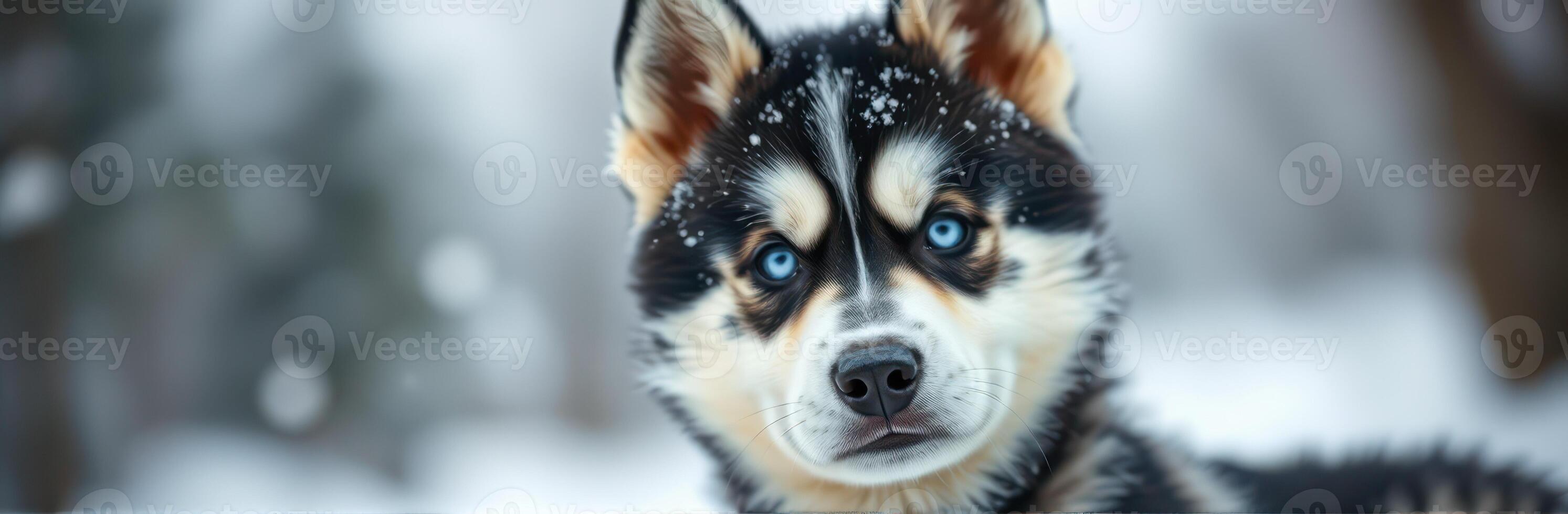 Siberian husky puppy explores a snow-covered landscape in a winter wonderland setting photo